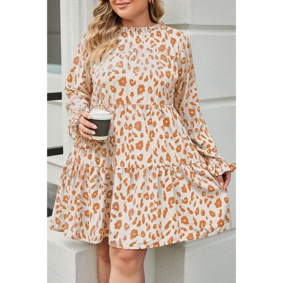 Azura Exchange  Oatmeal Leopard Print Ruffle Long Sleeve Plus Size Mini Dress - Picture 2 of 5